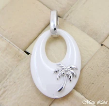 925 Silver Rhodium Hawaiian Coconut Palm Tree White Ceramic Oval Pendant