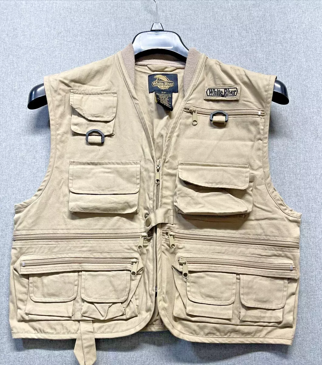 White River Fly Shop Fishing Vest Mens Small Beige Khaki Cotton Pockets Zip