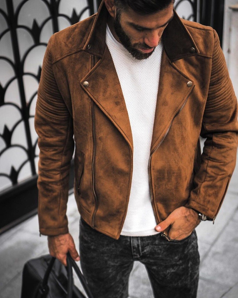 Motorcycle Genuine Lambskin Leather Brown Suede Jacket Handmade  display picture 1