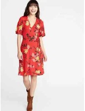 Old Navy women's Tie belt faux wrap Jersey knit V-neck flutter sleeve dress M