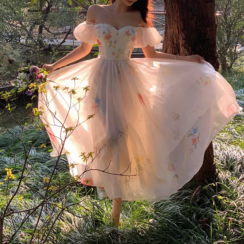 Women Tulle Prom Dress Off Shoulder Puff Sleeve Wedding Party Gown