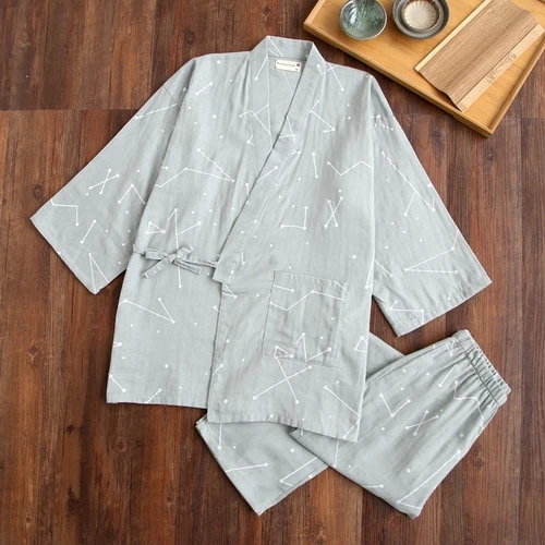 Herren Japanischer Kimono Pyjama Gaze Baumwolle Nachthemd Top + Hose Set Anzug Kits - Bild 5 von 17