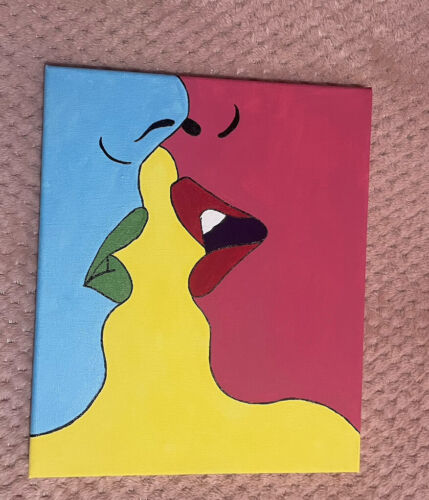 POP ART LESBIAN KISS WOMEN LGBT GAY, HANDMADE ACRYLIC PAINTING CANVAS 12” X 10” - 第 1/5 張圖片