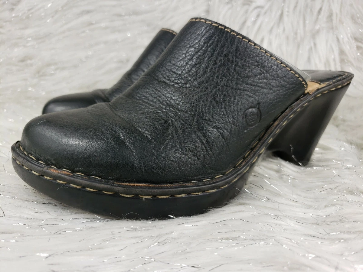 BORN Shoes W3096 Black Leather Slide On Wedge Heels Shoes Clogs Sz