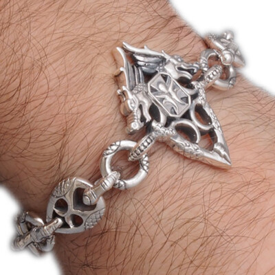 58g 9'' double dragon armor knight warrior 925 sterling silver mens bracelet