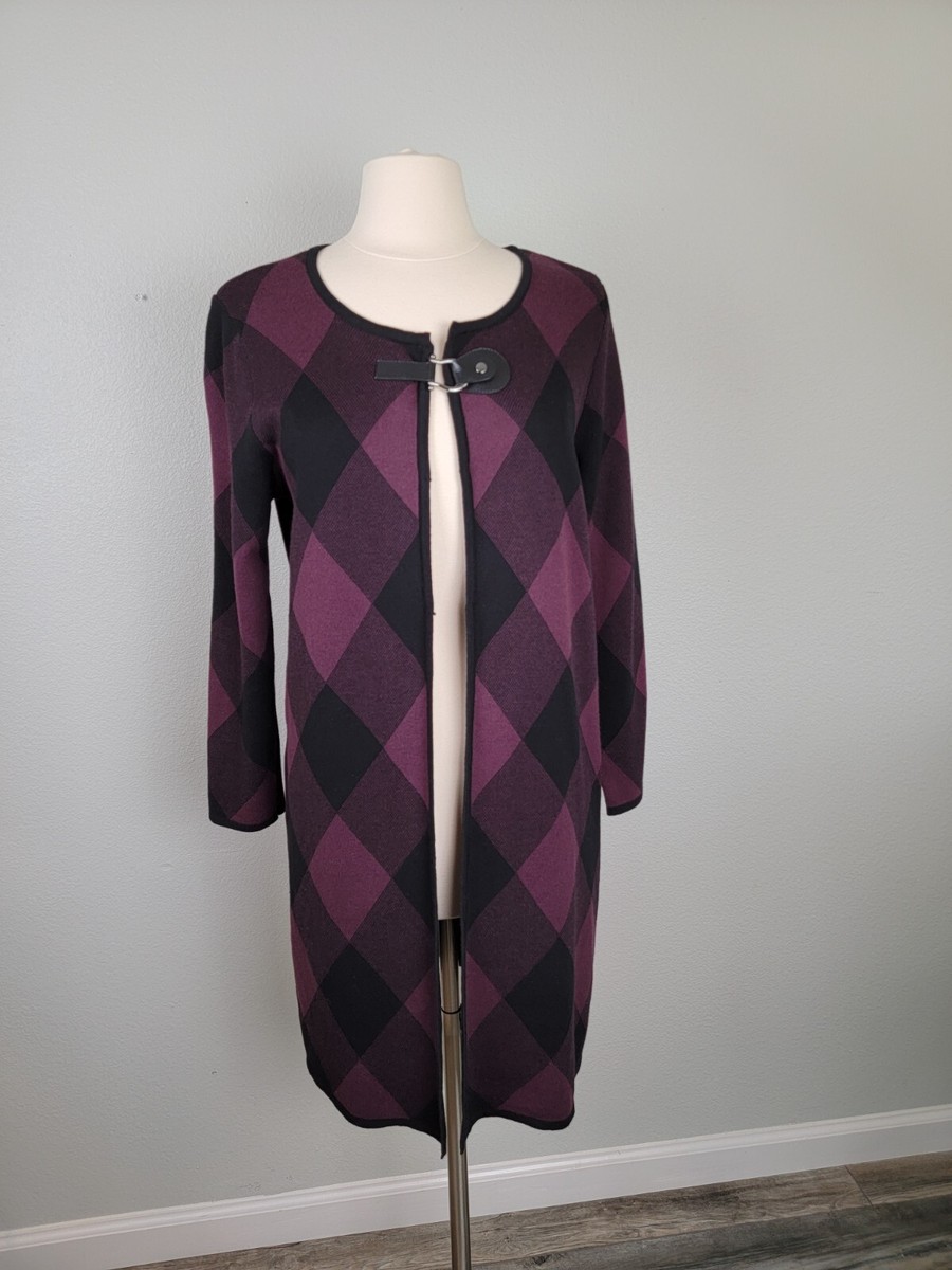 Anne Klein Purple and Black Diagonal Plaid Long Sweater Cardigan