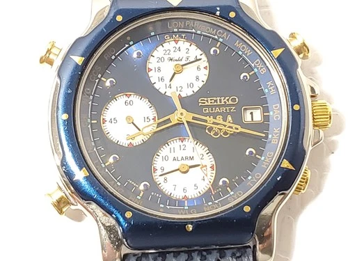 Vintage Seiko 1992 USA Olymipic Team World Time Alarm Date Blue Men's Watch SS