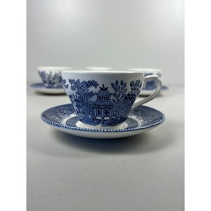 Set 4 Tazze Da Tè Con Piattini | Churchill Blue Willow | Prodotto In Inghilterra