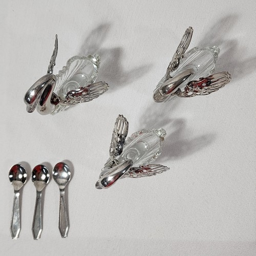 3 Swan Open Salt Cellars Crystal Silverplate Hinged Wings Salt Spoon Vtg 80's - Picture 8 of 18
