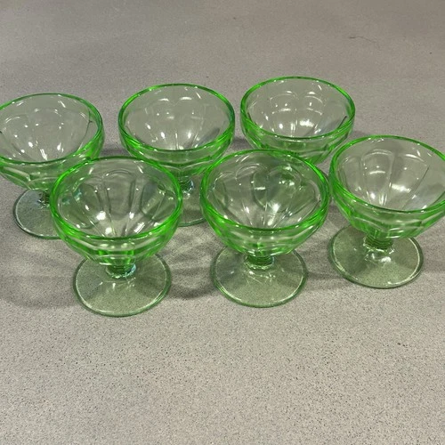 6 Set Vintage Uranium Green Depression Glass footed champagne Dessert glasses