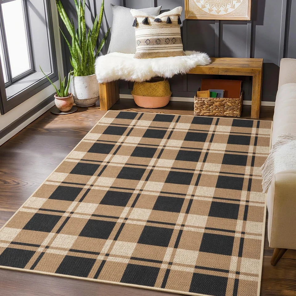 Alfombra de patio exterior de yute a cuadros 3x5, alfombras a cuadros negras y marrones para interior L... Foto 4 de 4