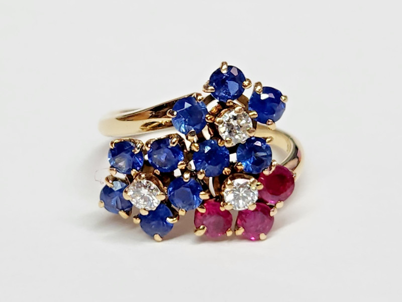 FLORAL 17.8k Gold Natural Sapphire Ruby & Diamond Bypass Style Ring Sz 4.5