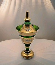 Gorgeous Green Glass With Gold Gilt, Enamel Flower Pedestal Candy Dish Czech SEE