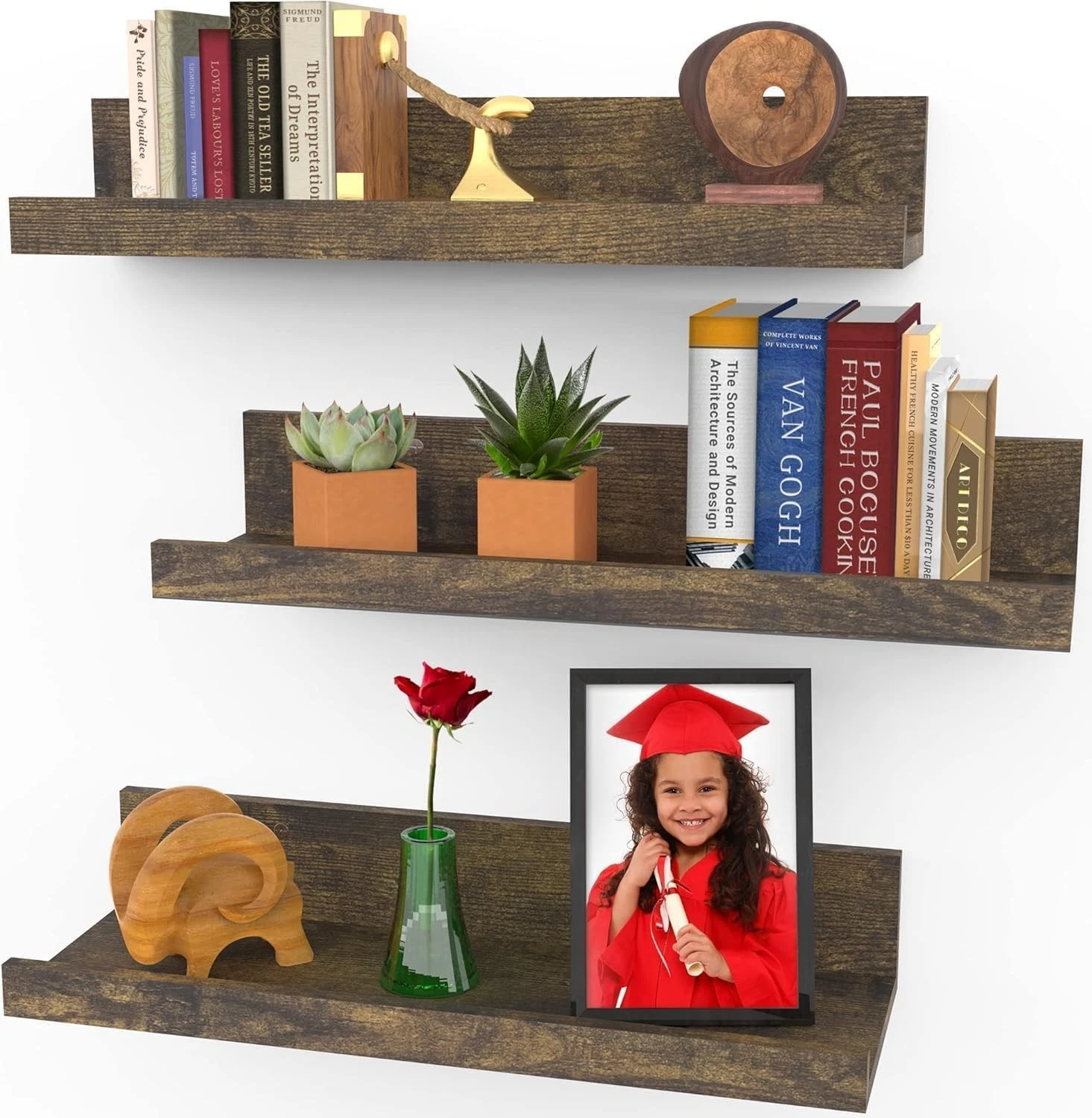 16 Inch Floating Shelves Wall Set of 3 in Walnut Brown Modern Rustic Style Wall