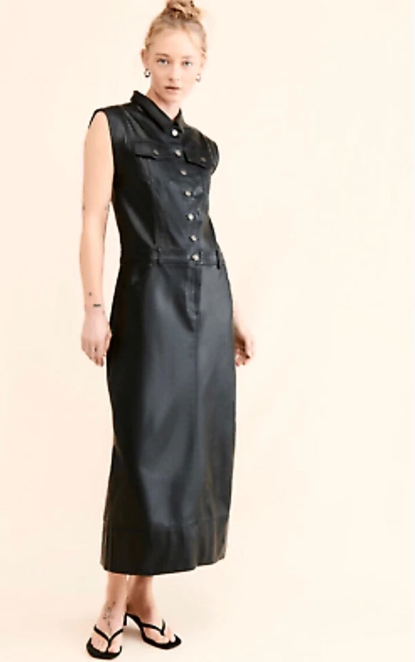 Maxi Vestido Free People Danni Cuero Vegano Midi Botones Manga Gorra Negro M Nuevo con Etiquetas Foto 4 de 4