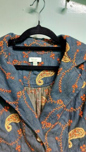 Mint Denim Blue Paisley 70s Boho Hippie Embroidery 3/4 Sleeve Retro Short Jacket - Picture 1 of 11