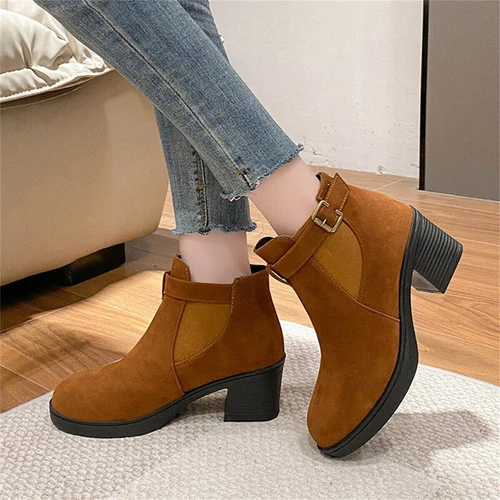 Modische Damen-Stiefeletten rund geschnitten Blockabsatz Schnalle Stern Chelsea-Schuh - Bild 7 von 23