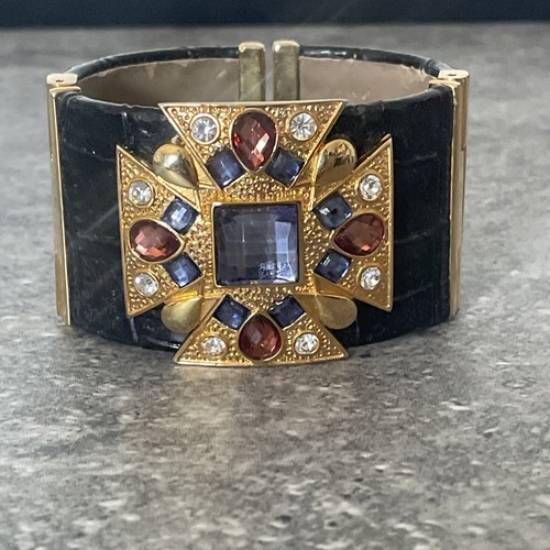 Bracciale largo croce pietre preziose maltesi vintage multicolore pietra pelle
