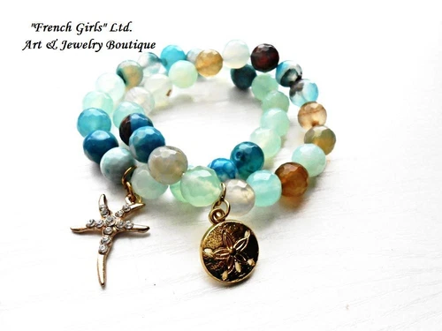 Agate Blue Aquamarine Bracelets Set Gemstone Starfish Seashell Charm Pendant 