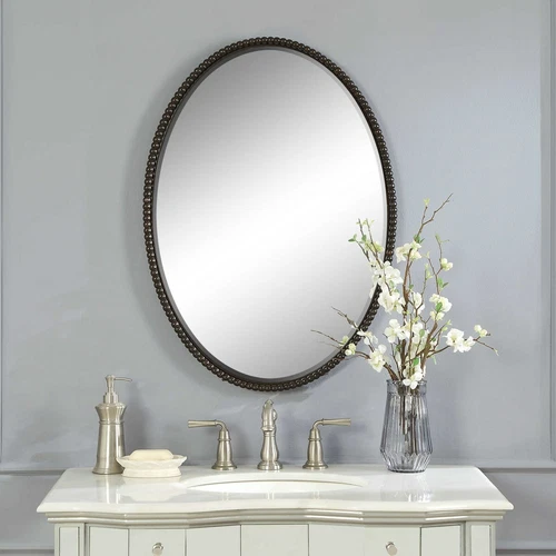 NEW 32" SHERISE OIL RUBBED METAL BEADED OVAL BEVELED WALL VANITY MIRROR 01101 - Picture 3 of 5