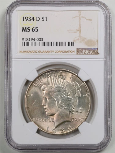 1934-D $1 Peace Silver Dollar MS65 NGC 918194-003
