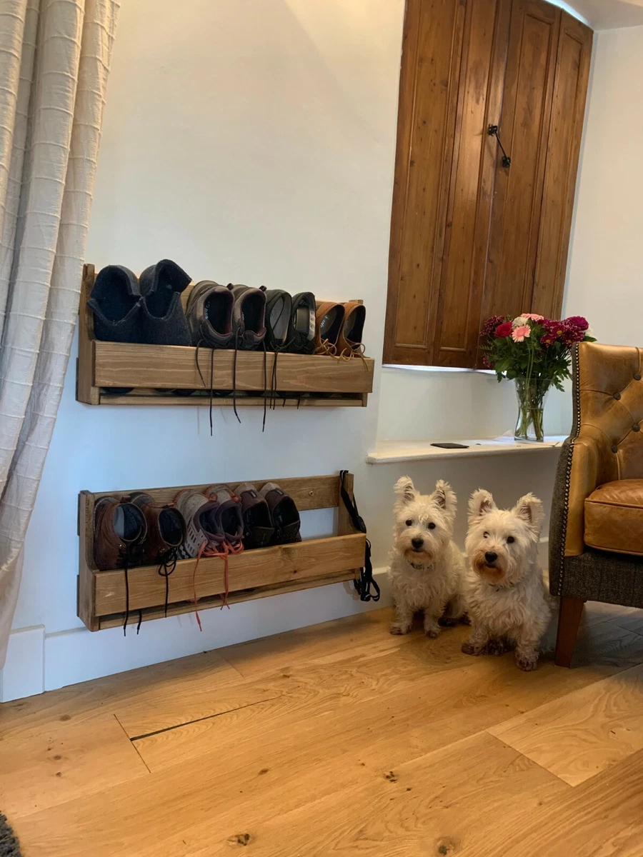 Reclaimed shabby chic wall mounted wooden floating shoe rack ideal storage