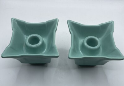Pair of Vintage MCM Pottery Candle Holders-Turquoise/Blue