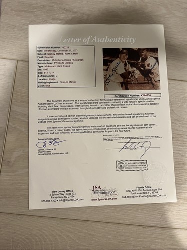 Mickey Mantle/ Hank Aaron JSA LOA SIGNED 8x10 Photo - RARE New York Yankees - Picture 3 of 3