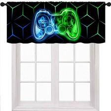 Gamer Curtains Valance,Modern Green Blue Flame Video Game Graffiti Game Contr...