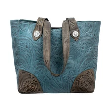 American West Womens Annies Secret Collection Zip Denim Blue Leather Tote Bag OS