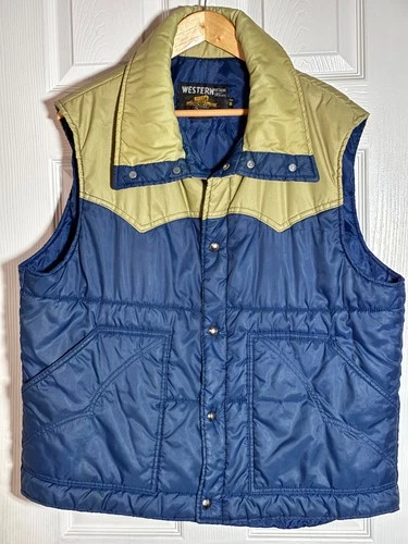 Vintage Sears Western Vest Puffer Snap Front Ski Blue Tan Snap XL video thumbnail
