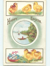 Pre-Linen easter CHICKS WITH BOAT AND BASKET OF EGGS AND FLOWERS hr2440