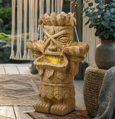 Small Lighted Tiki Water Fountain Tropical Polynesian Indoor Outdoor Waterfall