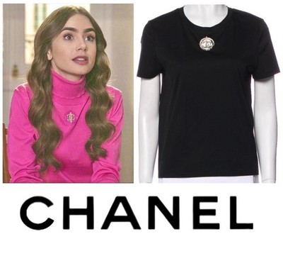 3K Chanel 2020 2021 Black Crystal CC Logo Pin Top 34 36 38 2 4 6 T-shirt S M