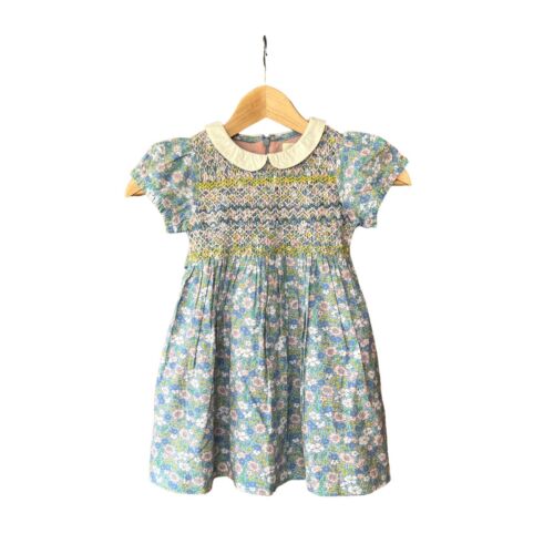 Mini Boden Blue Pink Floral Smocked Dress Puff Sleeve Size 3-4 Peter Pan Collar - Picture 1 of 8