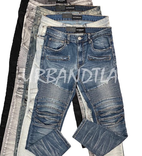 Men's Stretch Washed Denim Biker Jeans Distressed Moto Jeans - Picture 3 of 9