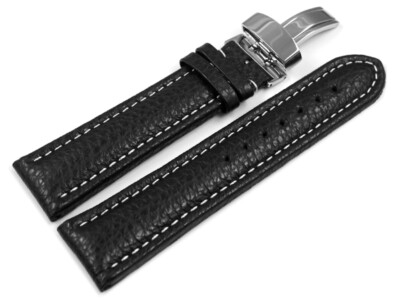 Uhrenband Kippfaltschließe Leder genarbt schwarz weiße Naht 18mm 20mm 22mm 24mm