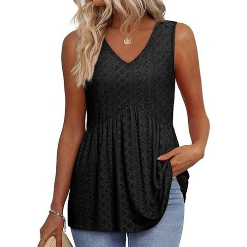 Women Sleeveless Ruffle Flare Flowy Tunics Shirt V-Neck Eyelet Babydoll Tank Top - Picture 38 of 48