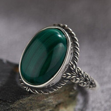 S925 sterling silver natural malachite gemstone patterned open ring for women.