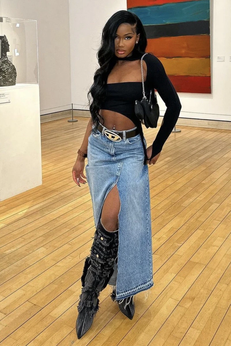 Black jean top skirt outfit zara