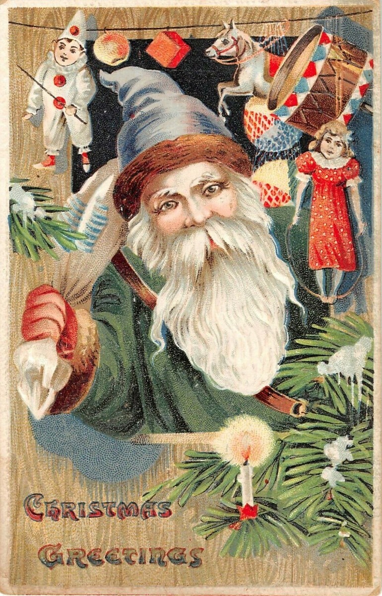 santa dressed in green 1910 Robe with Bag of Toys Christmas Greetings post card High Cover 2025 w13