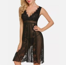 Lace Sheer Babydoll Nightgown Sleepwear Plus Size XXL Black NWOT 2 Piece Set