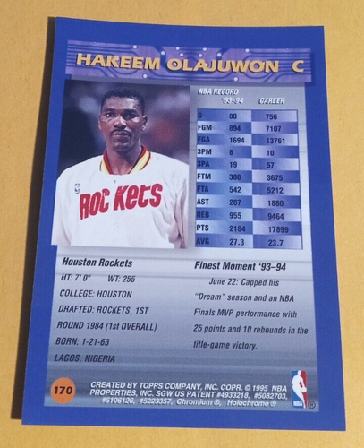 1994-95 Topps Finest Hakeem Olajuwon #170 w/ Protective Coating - Rockets - Picture 2 of 2