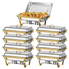 8 Qt Chafing Dish Buffet Set Stainless Chafer w/ Full Size Pans Rectangle Gold
