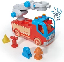 Wooden Fire Truck Toy  with Lights and Siren Sounds Rotating Rescue Ladder 18M+