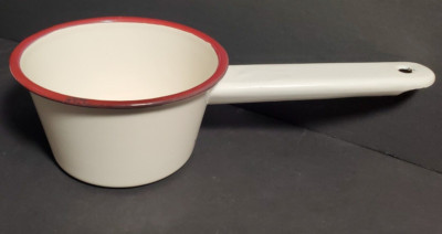 Vintage Cream & Brown Ceramic Enamel Farmhouse Decor Enamelware Pot Saucepan 5''