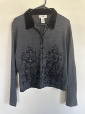 Vintage Embroidered Beaded Velvet Collared Cardigan Ramie/Cotton Grunge Goth