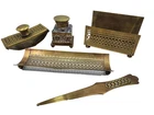 Antique S.W. Farber New York Brass 5-Pc Desk Set Crystal Inkwell Letter Opener