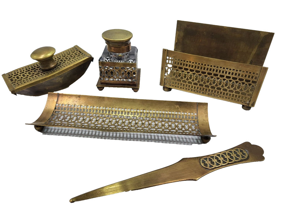 A complete 5-piece S.W. Farber New York brass and crystal desk set with inkwell and letter opener — a genuine mid-century executive set that's basically wearable history.