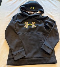 Under Armour Boys YM Pullover Hoodie Black Green Camo Lined Hood Logo Pockets